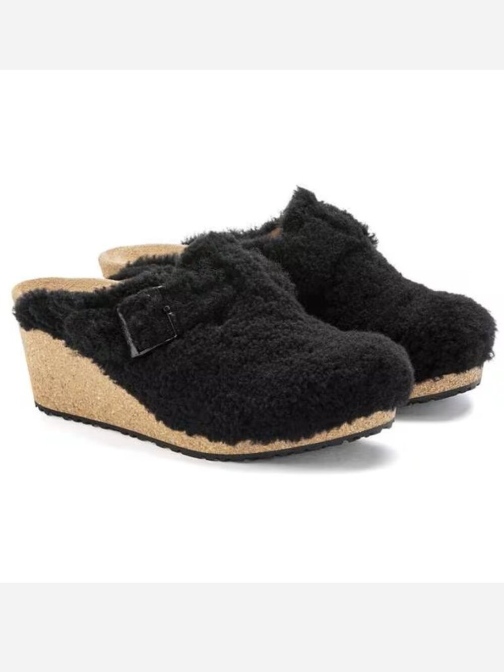 Birkenstock papillio fanny teddy black shearling wedge clogs